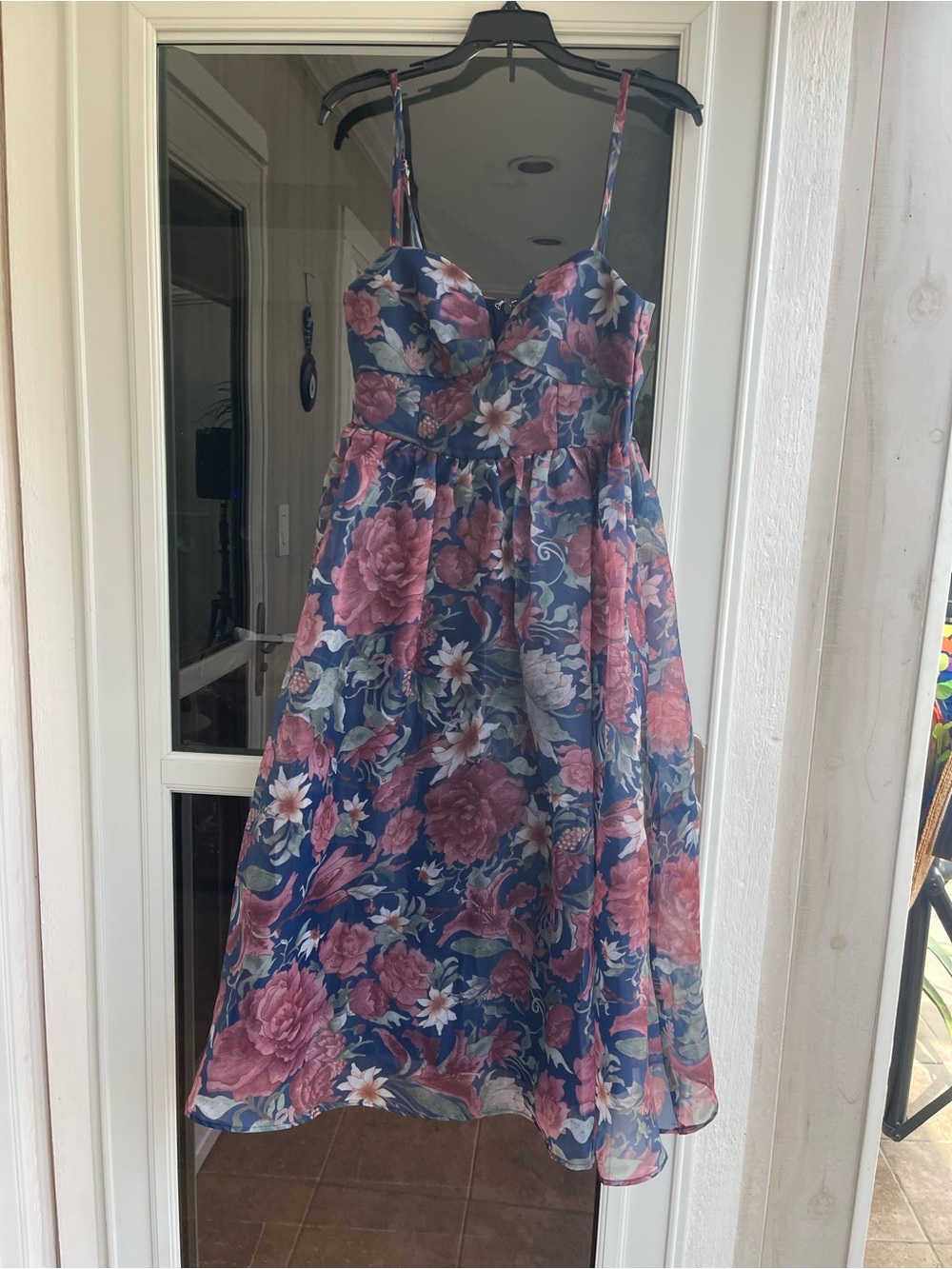 Lulu's Navy Floral Spaghetti-Strap Midi Dress